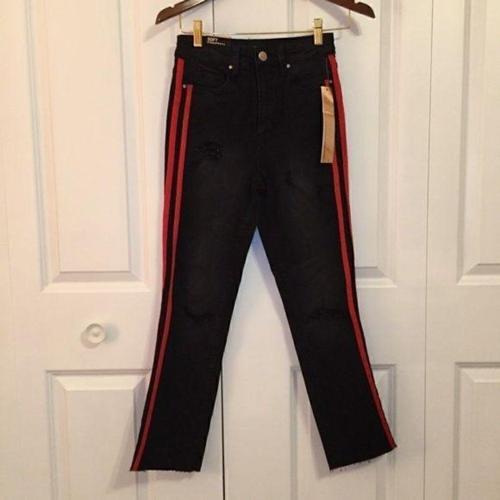 Tinseltown Black High Waist Red Stripe Cropped Raw Hem Jeans Size 25 New